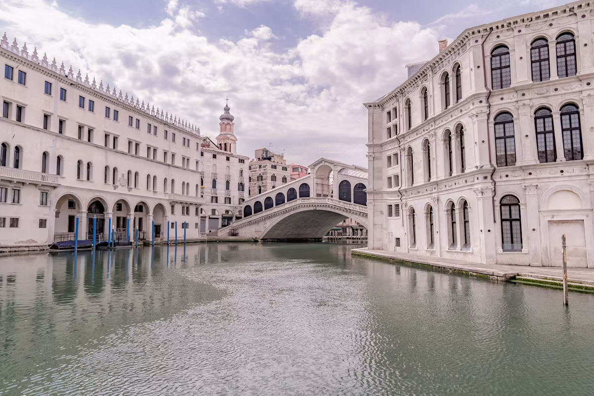 The Rialto Bridge over a rare, empty Grand Canal