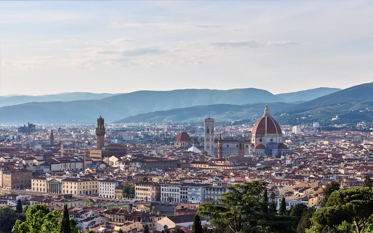 Florence's rooftops with the Palazzo Vecchio tower and the Duomo