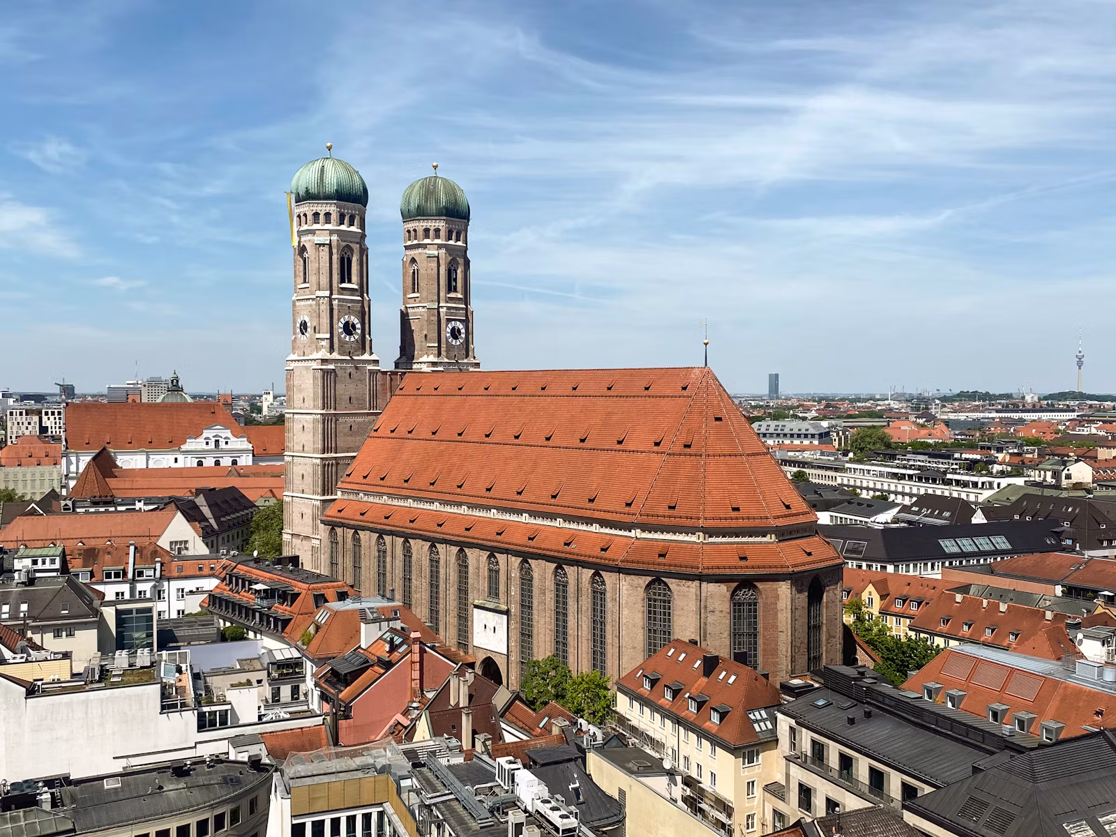 The Frauenkirche and the red roofs of Munich's old town seen from above