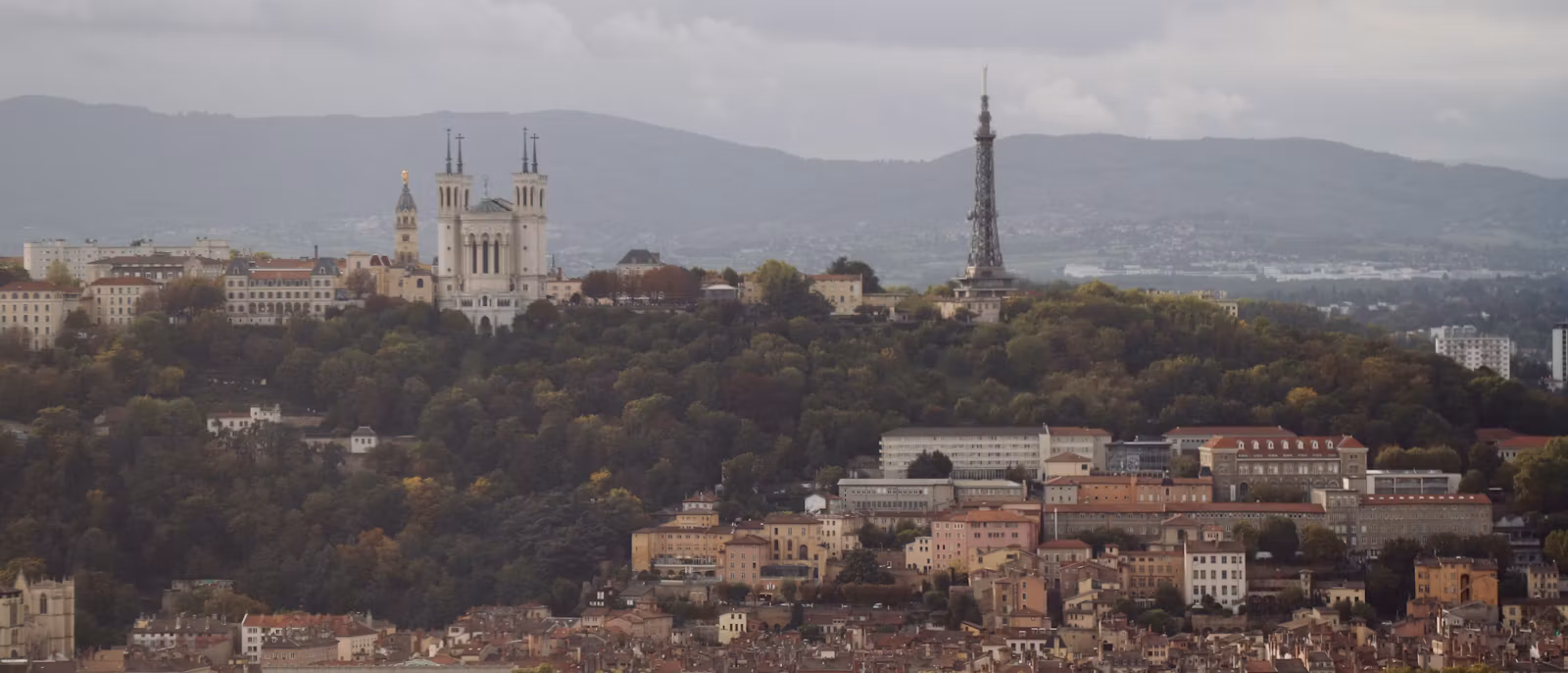 Fourvière hill above Lyon, with the basilica and the metal tower over the rooftops