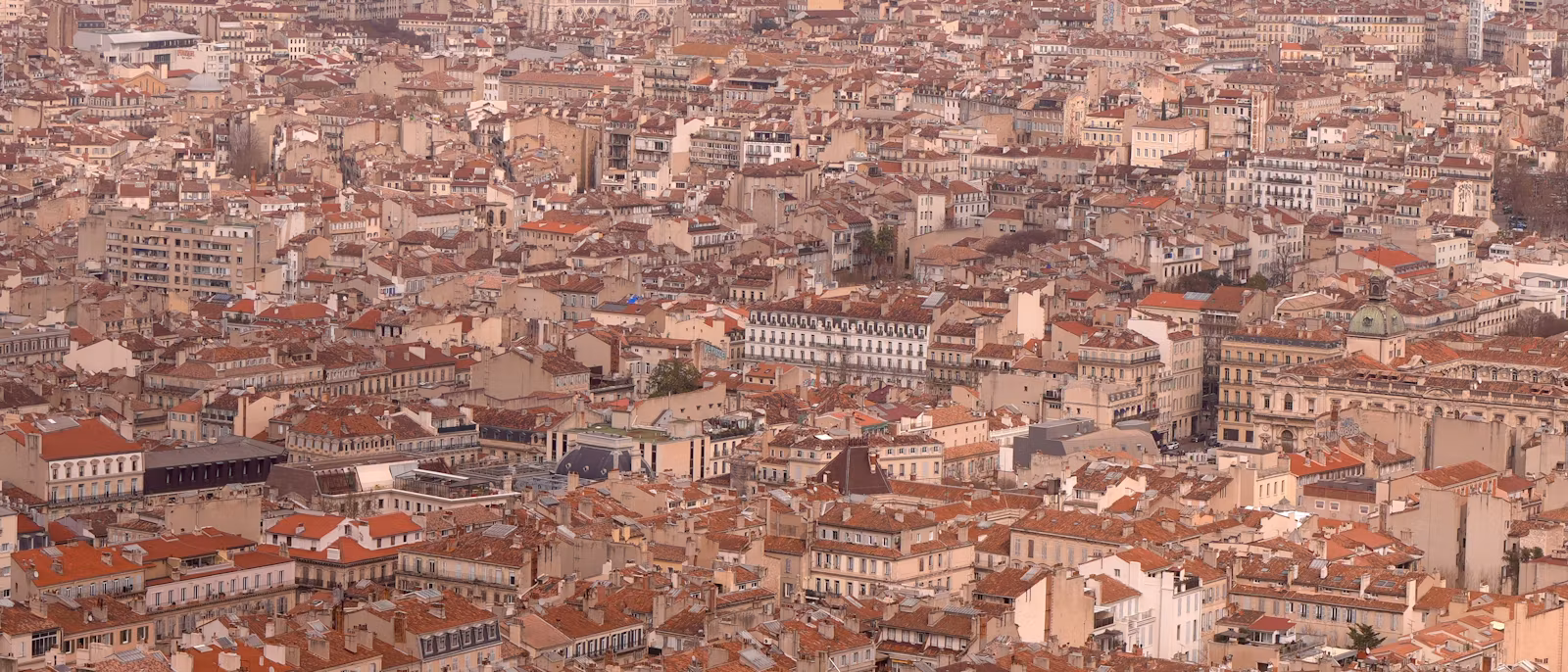 Terracotta roofs of central Marseille seen from high above